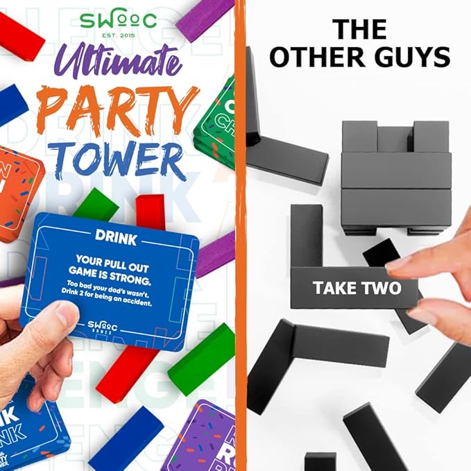 SWOOC Games - Ultimate Party Tower™ - 100 Original Commands, 60 Blocks, & 1000s of Hilarious Rule Combinations - A Tipsy Spin on Fun Classic Games for Power Hour - Ages 21+ - Wooden Tower Blocks Game