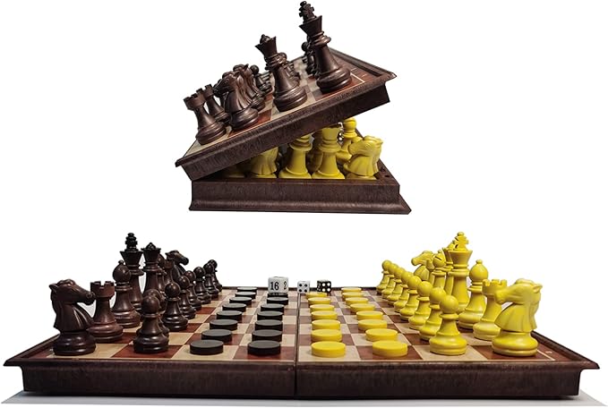 12.5" Magnetic 3-in-1 Large Travel Chess Checkers Backgammon Set - Foldable and Portable Board Game with Premium Chess Pieces for Adults and Kids