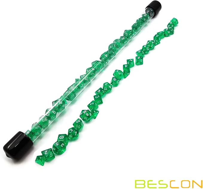 Bescon 28pcs Translucent Green Mini Polyhedral Dice Set in Tube, Dungeons and Dragons RPG Dice 4X7pcs,Mini Gem Green Dice Set