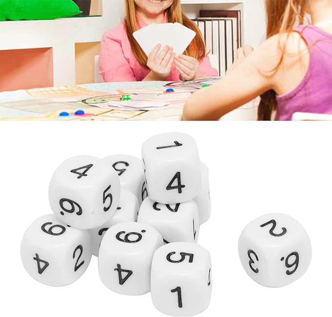 Number Dice, 20PCS Plastic 6 Sided Game Dice 16mm Round Corner Polyhedral Dice Set for Numeral Teaching Board Games (White)