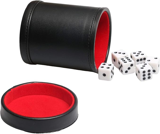 Leatherette Dice Cup with Lid, Includs 16mm Regular Dices, Red Felt Lining Dice Shaker Quiet for Playing Yahtzee/Farkle/Liars Dice/Board Game