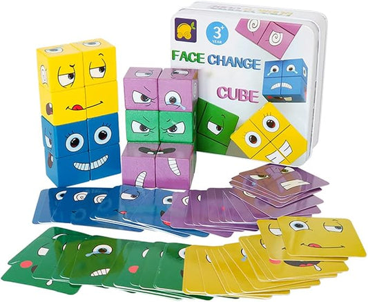 Speed Cube Wooden Expressions Matching Block Puzzles Cute Portable Face-Changing Cube Building Cubes Blocks Parent-Child Board Educational Games for Kids