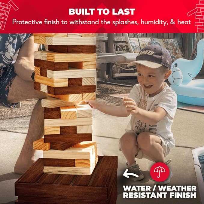 SWOOC Games - Reclaimed Giant Tower (Weather Resistant) 60 Blocks + Storage Crate/Outdoor Game Table | Stacks up to 5ft | Outdoor Table Games for Adults