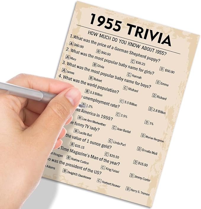 QUPT 70th Birthday Party Games, 1955 Trivia Games, Birthday Party Supplies for Adults, Fun 1955s Party Game, Pack of 30 Cards