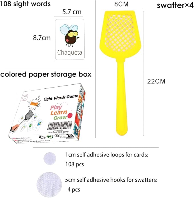 1step2dream Spanish Sight Words Game | 108 Fly Words with 4 Fly Swatters | Swat Educational Learning Games for Classroom,Kids