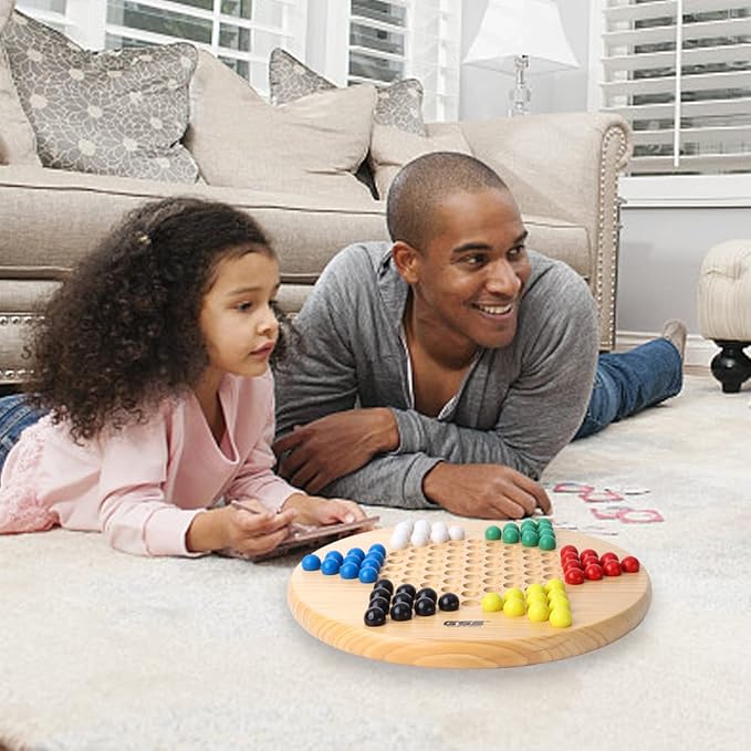 GSE Games & Sports Expert 11.5" Natural Wood Chinese Checkers Board Game Set with 66 Colorful Wooden Marbles, Classic Strategy Family Board Game for Kids & Adults