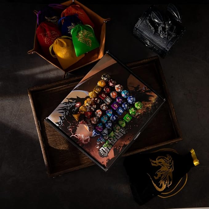 6 Sets DND Dice Polyhedral Dice Dungeons and Dragons Rolling Dice for RPG MTG Table Games Dice Bulk with Free Six Drawstring Bags and PU Leather D&D Dice Tray (Double with Brown Tray)