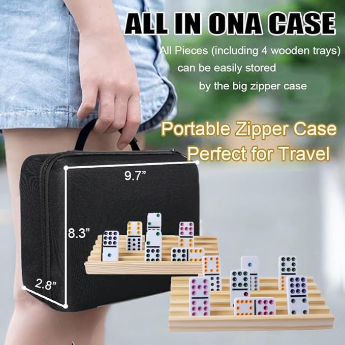 Mexican Train Dominoes Set with Numbers and 4 Wooden Trays/Racks, Double 12 Dominos Travel Set with 4 Tiles Holders, 91 Tiles Double 12 (Mexican Train Dominoes Set with 4 Racks)