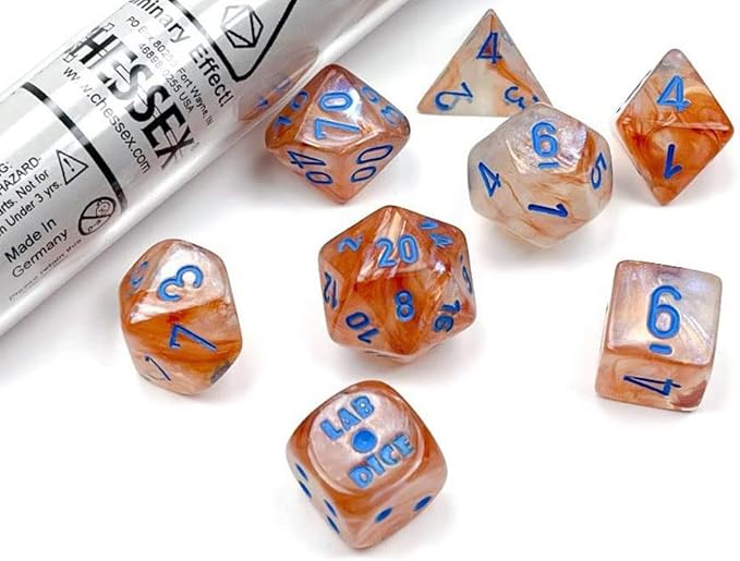 Rose Gold Borealis Luminary Dice with Light Blue Numbers 7+1 Dice Set 16mm (5/8in) Limited Edition Lab Dice Chessex