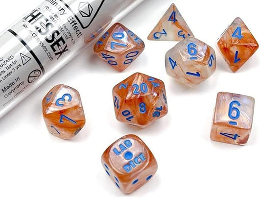 Rose Gold Borealis Luminary Dice with Light Blue Numbers 7+1 Dice Set 16mm (5/8in) Limited Edition Lab Dice Chessex