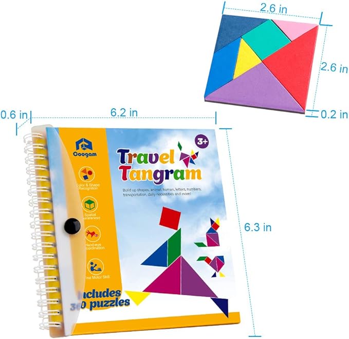 Coogam Travel Tangram Puzzle - Magnetic Pattern Block Book Road Trip Game Jigsaw Shapes Dissection STEM Games with Solution for Kid Adult Challenge - IQ Educational Toy Gift Brain Teasers 360 Patterns
