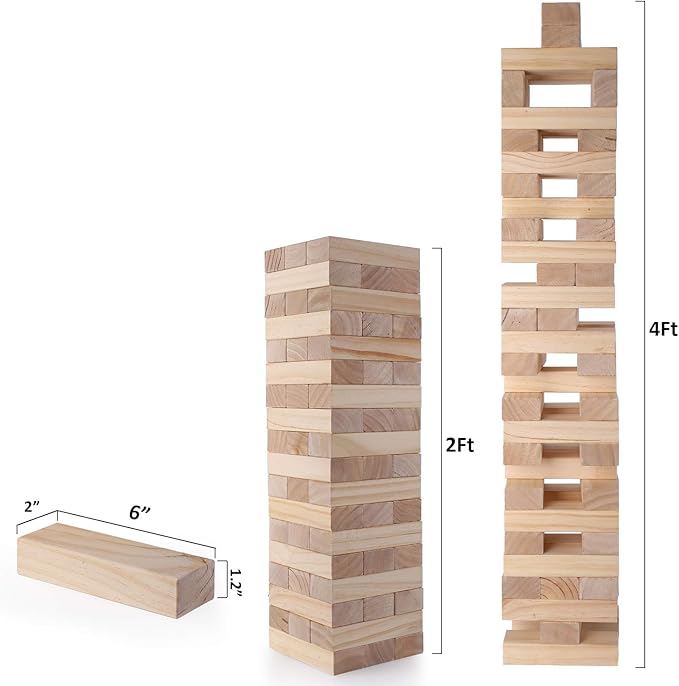 Giant Tumble Tower, Pine Wooden Blocks Stacking to Over 4.2FT, Indoor Outdoor Games for Kids Adults Family, Large Tumbling Timber Yard Game