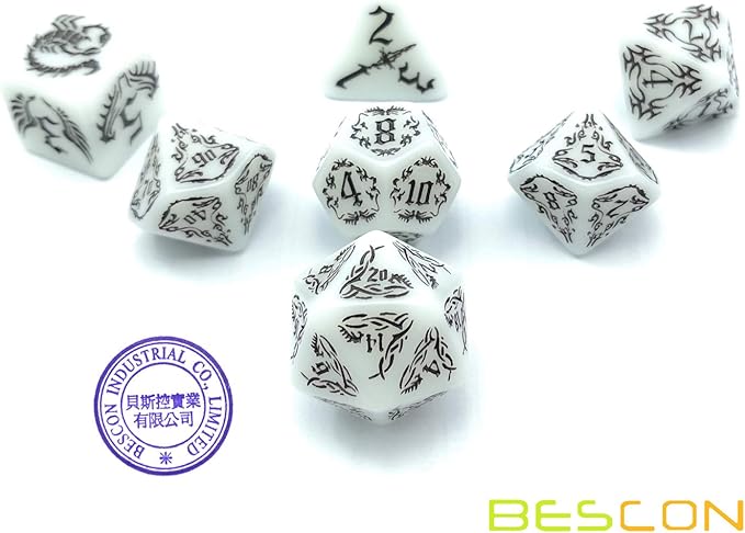BESCON Dark Elves Glowing Dice Set (7 Piece), Oversized Glow in Dark Carved Role Playing Games RPG Dice Set