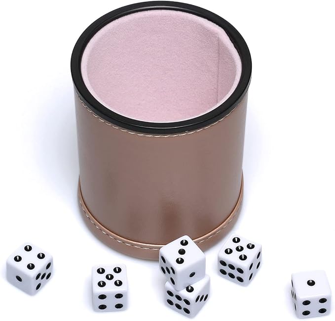 Leatherette Dice Cup Set, Rose Gold Leather and Lilac Mist Velvet Interior Professional Dice Cup with 6 Black Dot Dice for Liars Dice Farkle Yahtzee Board Games, 1 Pack