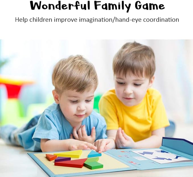 BEESTECH Wooden Tangram Puzzle Book, Travel Games for Kids in Car, Plane or Take Out for Restaurant, Educational Learning Puzzles Toys, On The Go Toys for Kids, Boys, Girls 3,4,5,6,7,8 Years Old