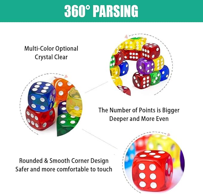 30 Pieces 6 Sided Dice Set 6 Colors 18MM Transparent Acrylic Dice for DND, MTG, RPG, Tenzi, Yahtze, Bunco, Table Borad Games, Math Teaching (30pcs-18mm-6 Colors)