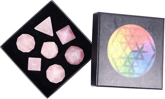 Nupuyai Healing Rose Quartz Crystal D&D Polyhedral Dice Set with Box for Dungeons and Dragons, Set of 7 Table Top Game Dice for RPG MTG Roleplaying Collection