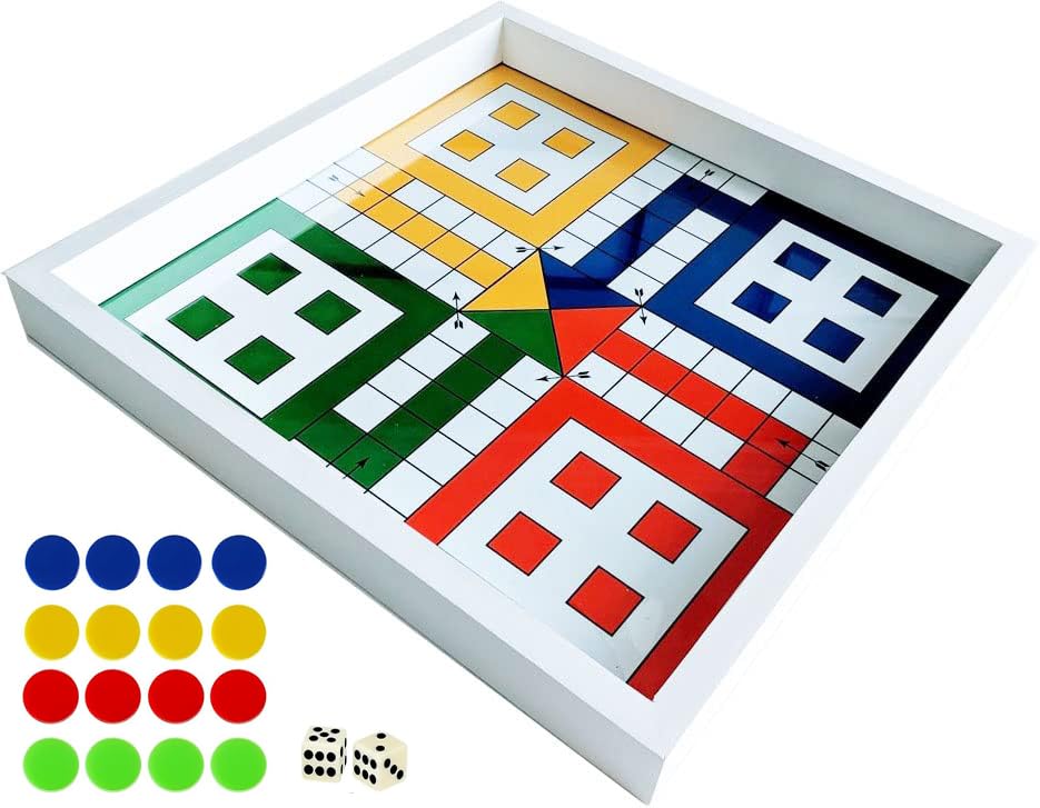 Ludo Board Game with Glass Top17inch x 17inch, Ludo Board Game with 16 Tokens and 2 Dice, Board Game for Family Adults Christmas Thanksgiving Birthday Party Supplies Rustic Vintage Home Decor Gifts
