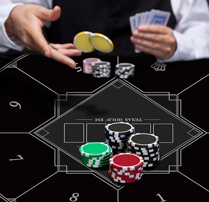 nuveti 24/31/47/55/63inch Round Poker Mat for Texas Holdem | Portable Poker Table Top with Art Deco Layout Print 6-8 Player Game Layout Mat to Play Cards, Poker Games, Blackjack, Casino