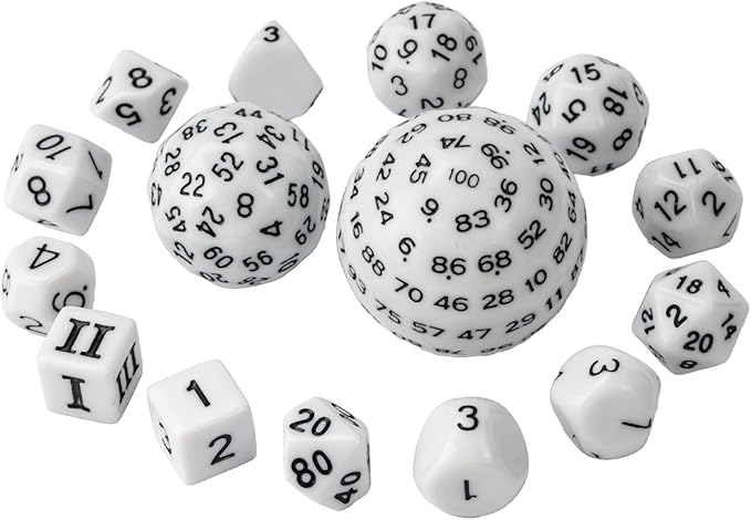 15 Pieces Complete Polyhedral DND Dice Set D3-D100 Spherical D&D Dice Set with Dragon Eye Dice Bag, D100 Dice for Dungeons and Dragons, RPG, MTG Table Games(White w/Black Numbers)