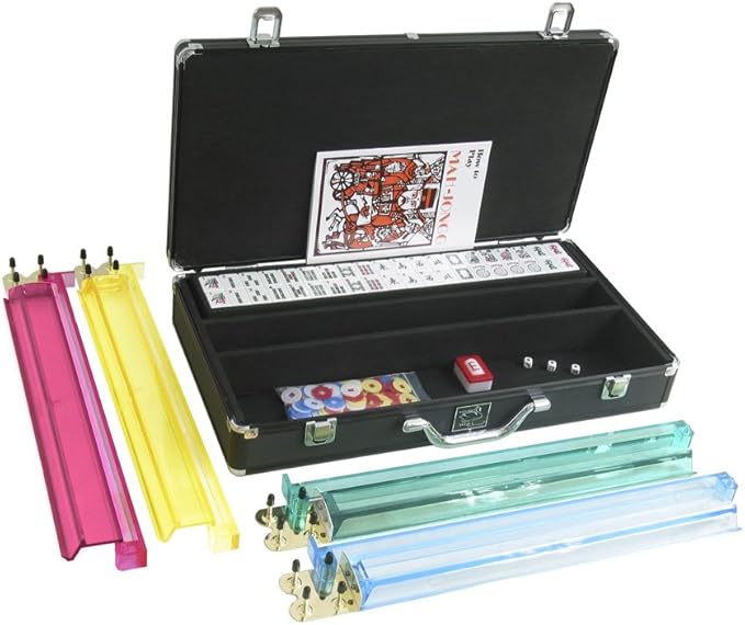 Set - American Mahjong Game Set (White Tiles, Pusher Arms, Aluminum Case, Black)