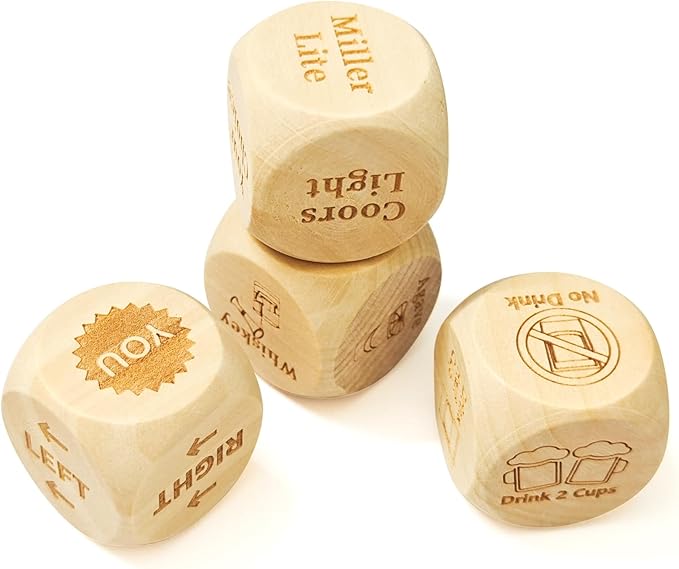 Wood Drinking Dice Game 4 Pcs - Adult Party Funny Games Dices 1.2inch - for Beer Resha Roulette Date Night Drinking Valentine's Day Bachelorette Wedding Graduation