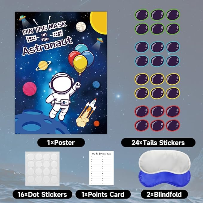 Pin The Mask on The Astronaut Games, Space Birthday Games for 24 Players First Trip Around The Sun Sticker Game Astronaut Poster with 24 Stickers and 2 Eye Masks Space Decorations