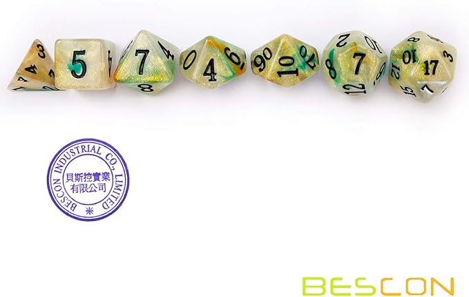 Bescon Magical Stone Dice Set Series, 7pcs Polyhedral RPG Dice Set Gold Ore, Polybag Packing