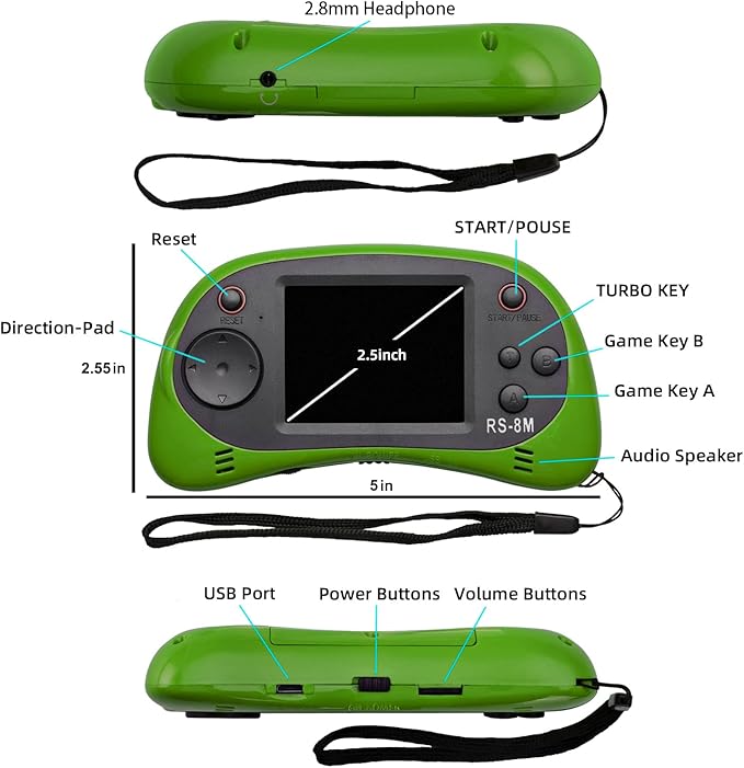 EASEGMER 16 Bit Kids Handheld Games Built-in 220 HD Video Games, 2.5 Inch Portable Game Player with Headphones - Best Travel Electronic Toys for Kids Age 3-10 Years Old Children (Green)