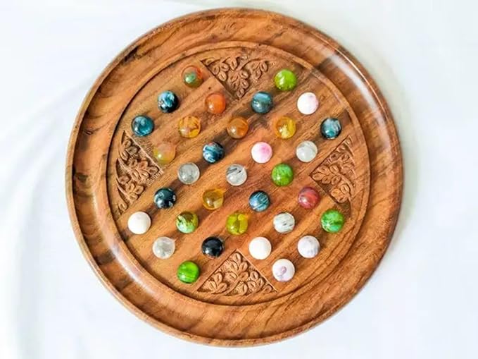 Acacia Wood Solitaire Handmade Board Game | with Multi Color Marble Balls Vintage Indian Design Game for Senior Adult Play Table Home Decor Wooden Game