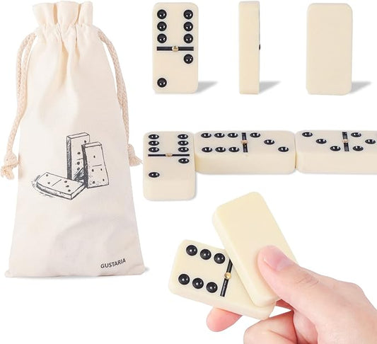 Dominoes Set for Adults, Dominos Set with 28 Ivory Tiles, Double Six Dominos Game Set for Classic Board Game, with White Canvas Bag (2 to 4 Players)