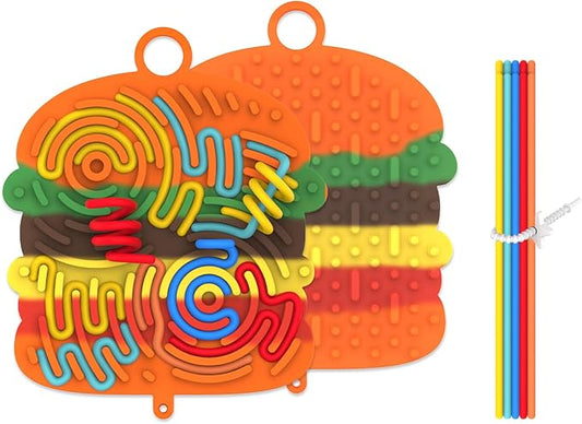 Silicone Sensory Activity Board,Double-Sided Busy Board for Fine Motor Skill,Fidget Toy for Calming, Stress, Anxiety, ADHD , Autism , Silent, No Mess , Kids 3+ & Adults(Hamburger,Colorful)
