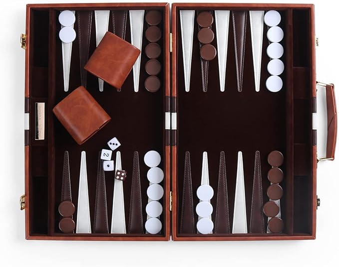Travel Medium 15 Inch Backgammon Brown Sets Classic Board Game with Premium Leather Case, Portable Travel Strategy Backgammon Game Sets for Adults, Kids (Brown,Medium)