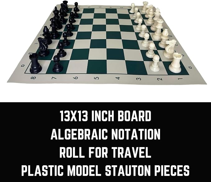 Tournament Chess Set: Portable and Professional Set with Travel Portable Plastic Tube Roll. Plastic Staunton Chess Pieces, Foldable Vinyl Chess Board.(Green, 13X13IN)