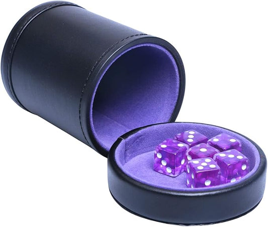 PU Leather Dice Cup with Lid, Purple Velvet Interior Quiet Dice Shaker Cup Including 6 Purple Translucent Dice for Liars Dice/ Farkle/ Yahtzee Games, 1 Pack