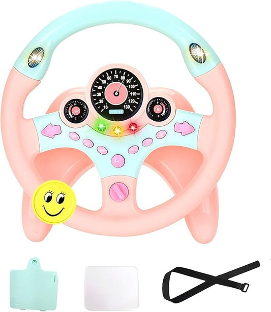 Kids Steering Wheel Toy for Car with Light and Music,Suction Cups Base-Interactive Simulated Driving Toy Steering Wheel for Kids Boys Girls,Pink