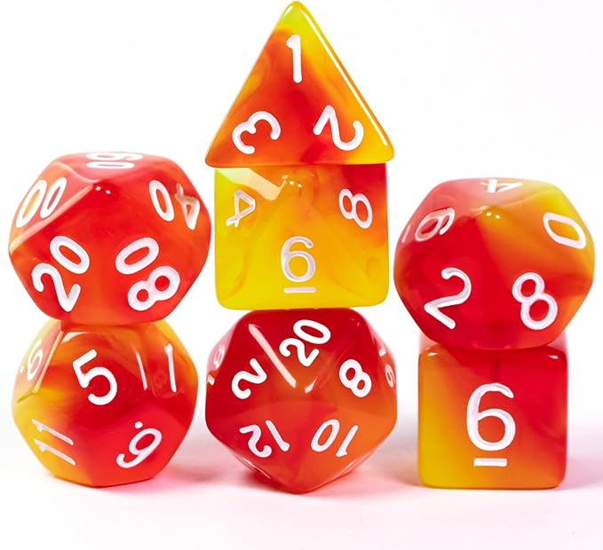 7-Die DND Dice Set Polyhedral Dice Set with a Leather Dice Bag, D&D Dice Set for Dungeons and Dragons, RPG, MTG Table Games (T/Red Yellow)