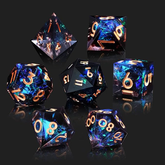 DND Dice Set Resin Sharp Edge Dice Set Handmade 7pcs Polyhedral Dice Set DND RPG MTG Role Playing Game Dice Set D&D Dice with Gift Case for DND Dungeons and Dragon (Light-Black)