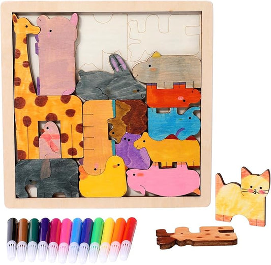 WODI Wooden Animal Puzzle Matching Game Montessori Toys for 3+ Year Old Puzzle for Toddlers Paint Your Own Animal Blocks with 12 Colored Pens Open Ended Toys Gifts for Kids