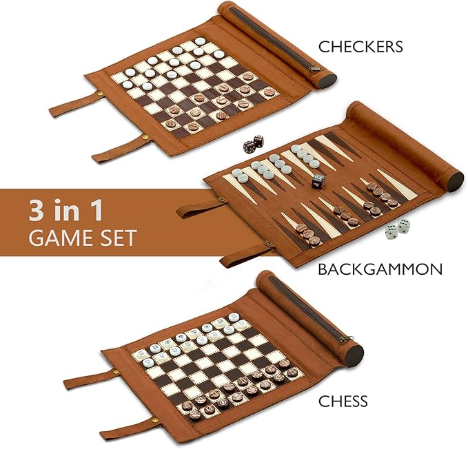 Woodronic 3 in 1 Backgammon Chess Checkers Set, Roll Up Travel Game Set for Adults and Kids, Brown, 13'' x 10''