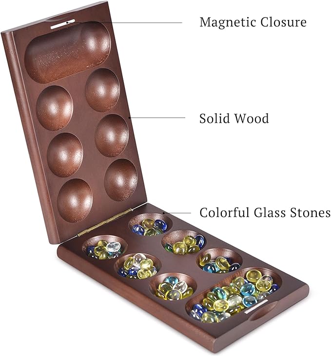VAMSLOVE Wooden Mancala Board Game with Magnetic Lock / 48+8 Extra Multi Color Glass Stones, Folding Mancala Set for 2 Player, 6 Age and Up (Instructions Included)
