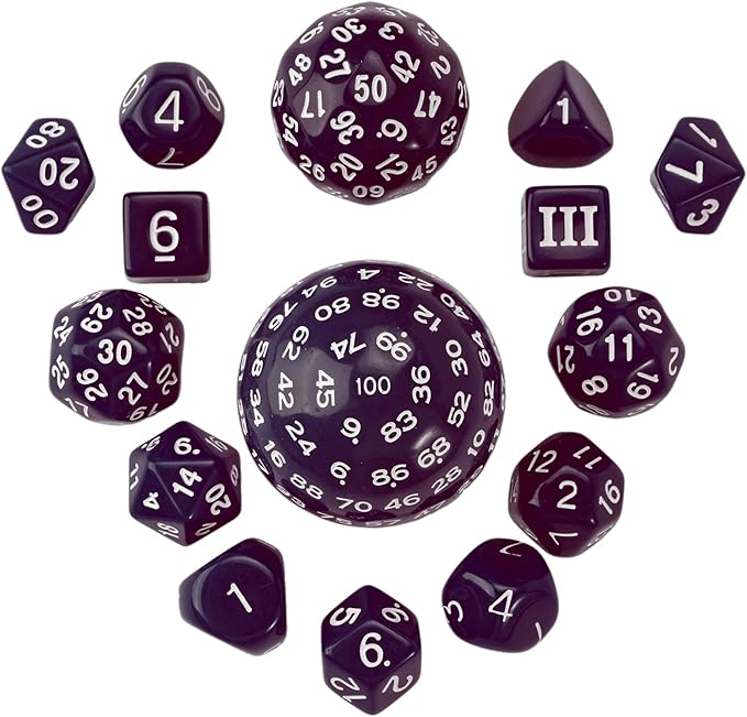 15 Pieces Complete Polyhedral DND Dice Set D3-D100 Spherical D&D Dice Set with Dragon Eye Dice Bag, D100 Dice for Dungeons and Dragons, RPG, MTG Table Games(Purple w/White Numbers)