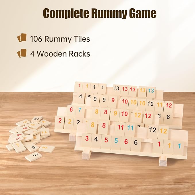 Rummy Cube Game 2-4 Players with 4 Wooden Racks/Trays and Wood 106 Rummy Cards, Large and Bright Number Edition Rummy Tiles, Toys for Families Friends Adults