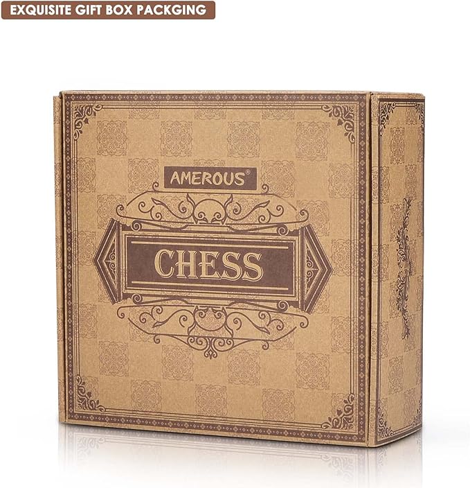 AMEROUS Upgraded Weighted Chess Pieces with 3.0 Inch King/Extra Bonus Folding Portable 15 inch Chess Board / 2 Extra Queens / 2 Storage Bag for Chessmen/Chess Board Game for Beginner