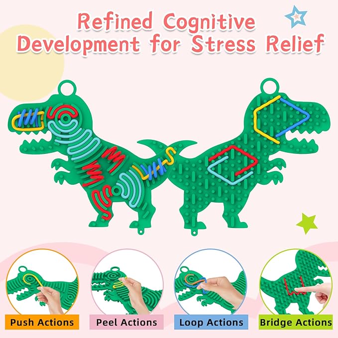 Silicone Sensory Activity Board,Double-Sided Busy Board for Fine Motor Skill,Fidget Toy for Calming, Stress, Anxiety, ADHD , Autism , Silent, No Mess , Kids 3+ & Adults(Dinosaur,Green)