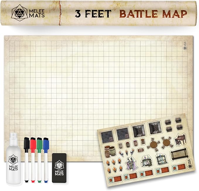 Melee Mats DND Map Starter Kit for Dungeons & Dragons Game - 24” x 36", Wet/Dry Erase Battle Terrain Grid - Ultimate Tabletop Gaming Experience with Accessories