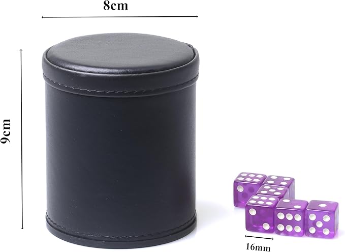 PU Leather Dice Cup Set, Purple Velvet Interior Dice Cup Shaker Quiet with 6 Purple Translucent Dice for Liars Dice/Farkle/Yahtzee Games, 1 Pack