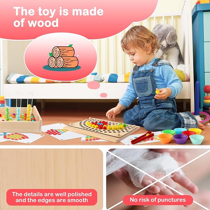 Toddler Learning Montessori Toys for 3 4 5 6 Year Old,Rainbow Stacking Matching Counting and Color Sorting - Wooden Peg Board Bead Game - Fine Motor Math Skills Toys for Boys & Girls