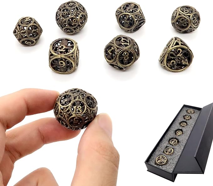 DND Dice,Hollow D&D Metal Dice,Unique Round Ball Design Octopus Dice with Gift Box for Dungeons & Dragon Gaming,7 PCs Steampunk Polyhedral D and D Dic (Ball Octopus Bronze)