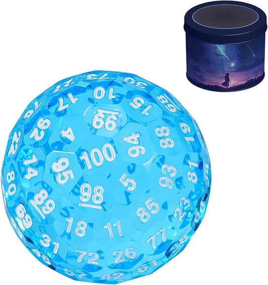 Upgraded D100 Dice, Single 100 Sided Polyhedral Dice D100 Die 50mm, D&D Dice D100 Game Dice, 100 Sided Cube with Metal Storage Tin(T Blue/White Font)